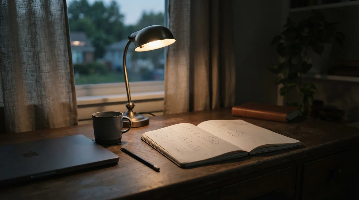 Cuaderno con cálculos manuscritos y una lámpara encendida en un despacho tranquilo