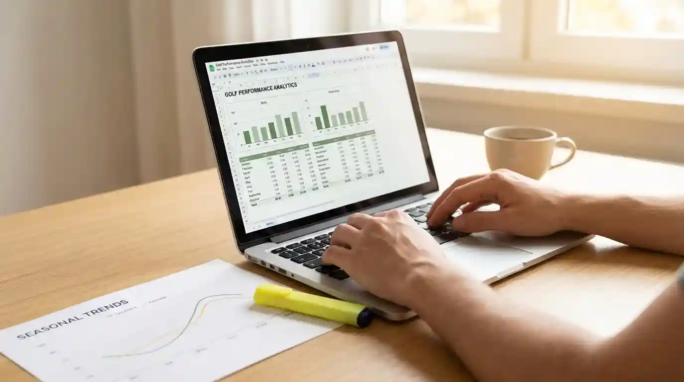 Persona analizando estadísticas de Strokes Gained de un golfista en un documento con gráficos
