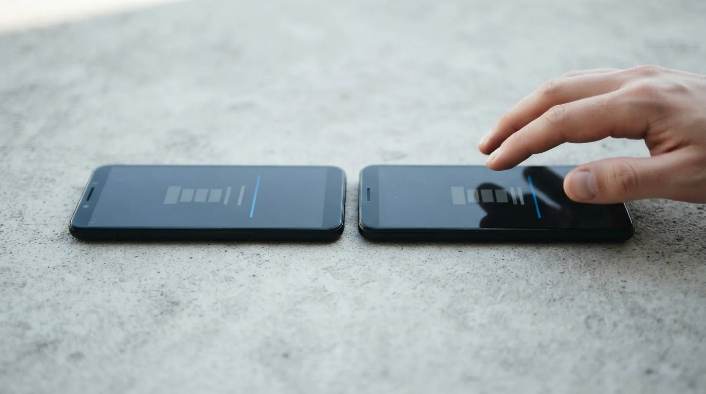 Dos teléfonos idénticos uno junto al otro con pantallas de instalación neutras