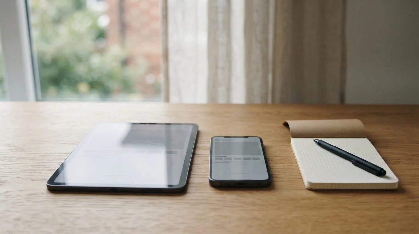 Escritorio con smartphone y tableta mostrando pantallas neutras de aplicaciones