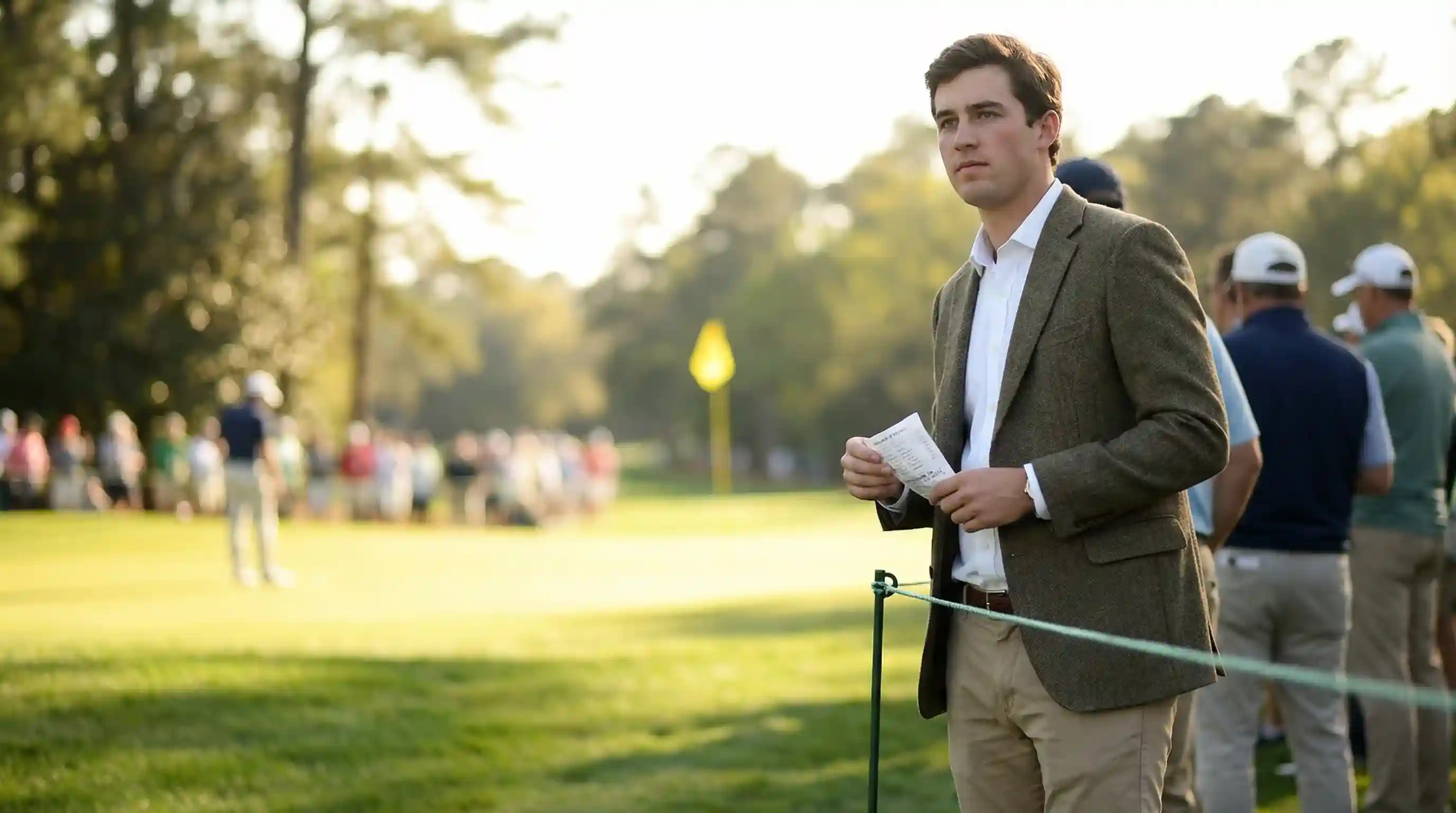 Principiante observando un torneo de golf con boleto de apuestas en la mano