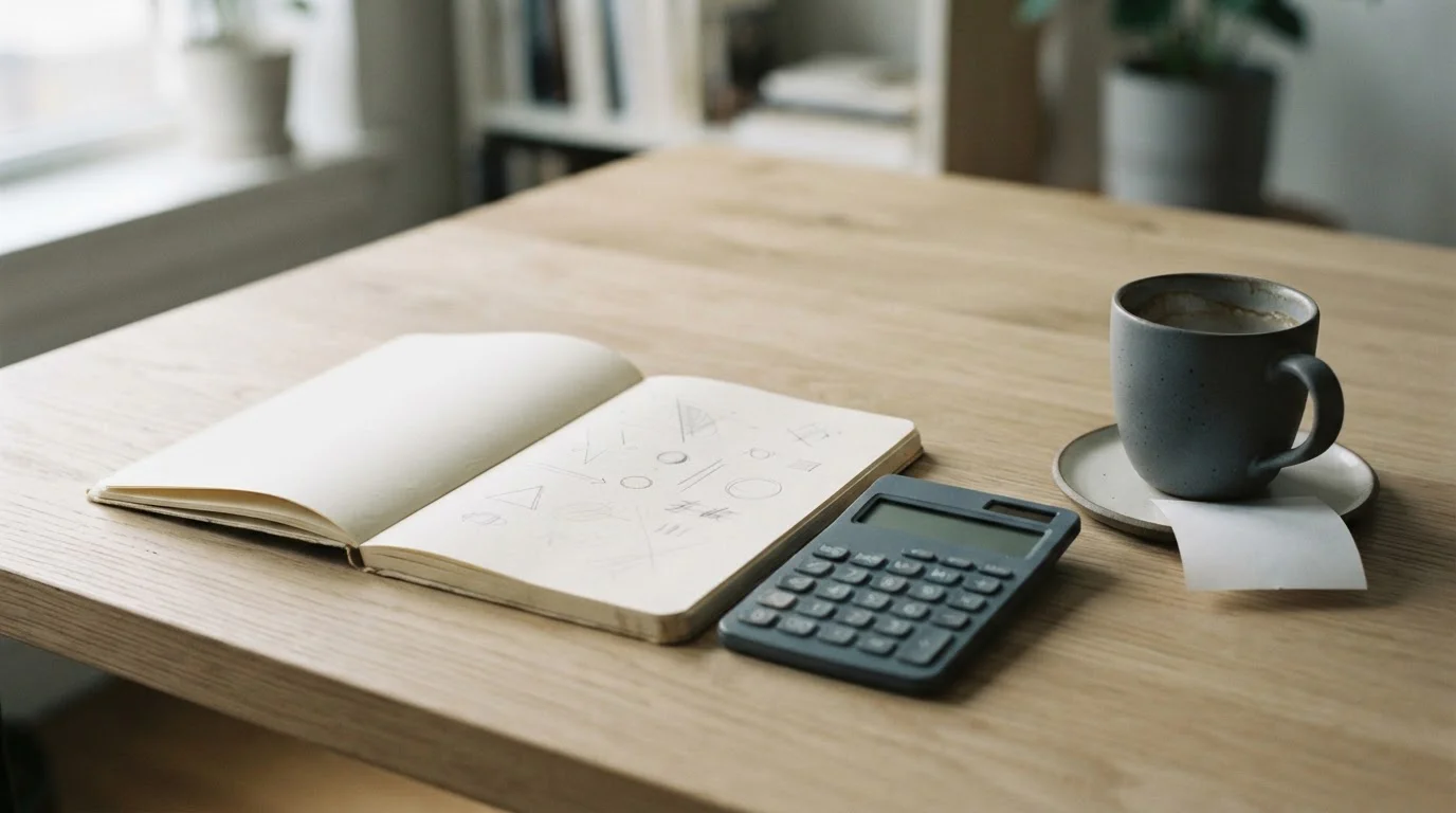 Escritorio con calculadora y libreta mostrando un cálculo sobre una promoción
