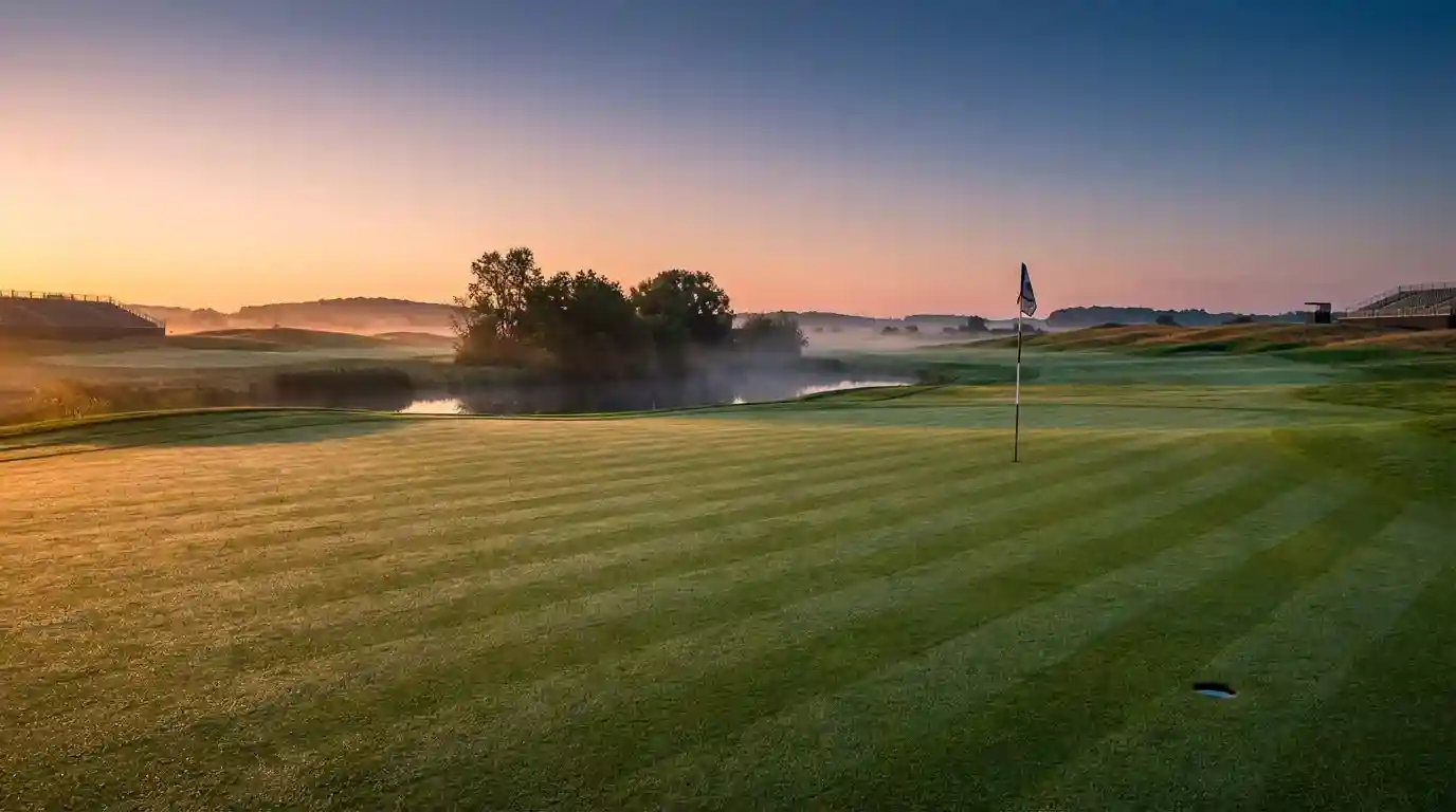 Campo de golf vacío al amanecer con rocío en el fairway antes del inicio del torneo
