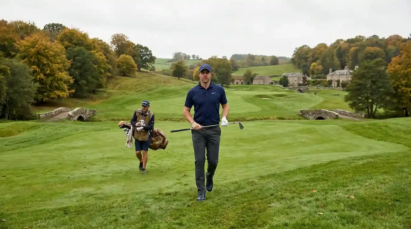 Golfista europeo caminando por un fairway de campo europeo con colinas verdes al fondo
