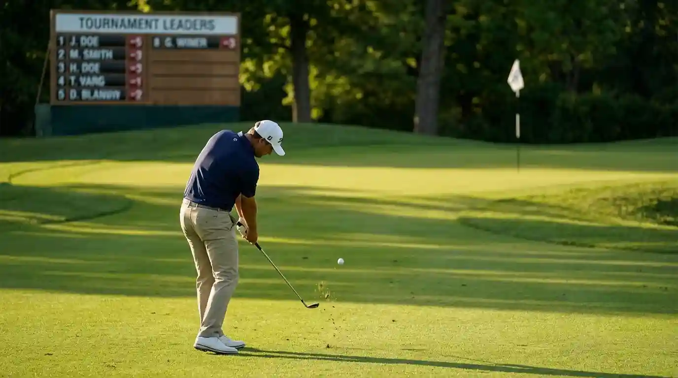 Golfista lanzando un approach al green con marcador del torneo de fondo