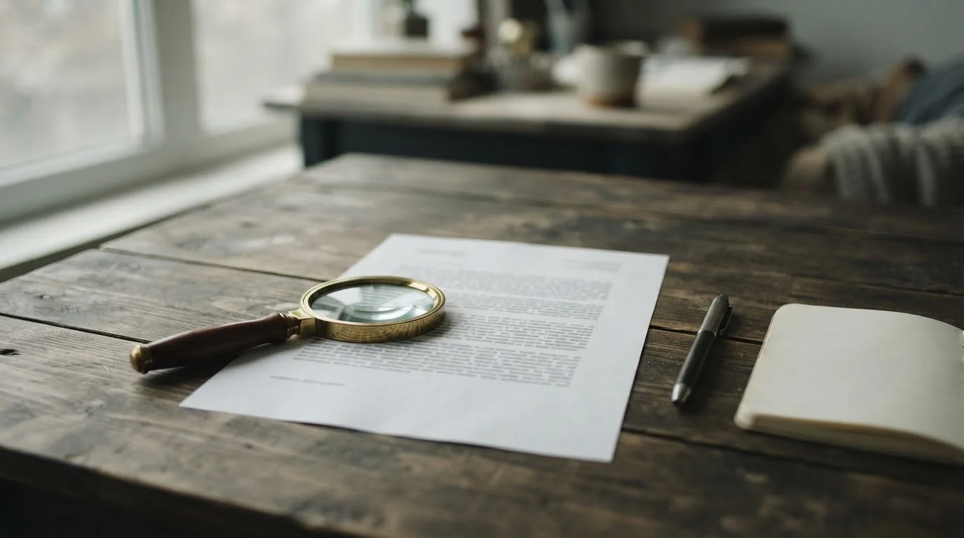 Fragmento de un documento con lupa sobre una mesa de madera