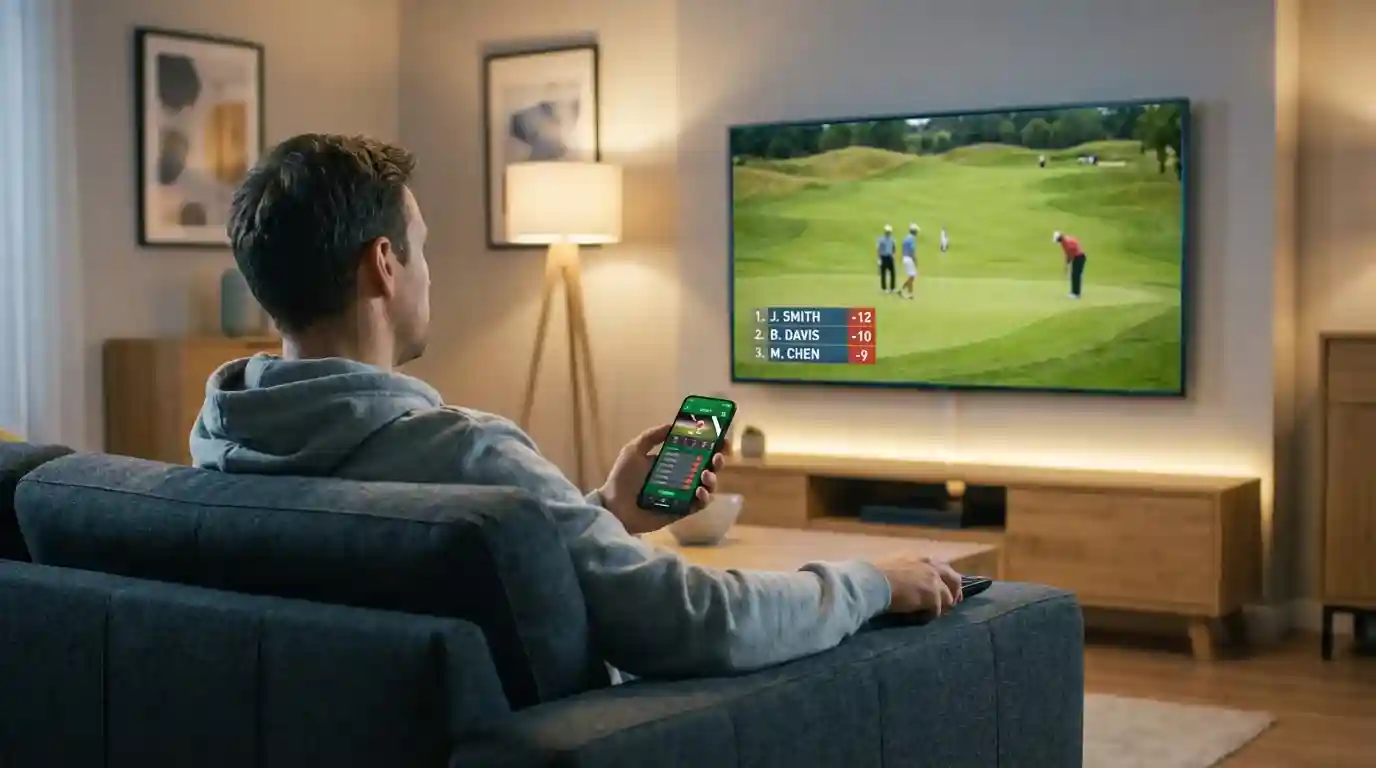 Persona siguiendo un torneo de golf en directo en una pantalla con el leaderboard actualizado