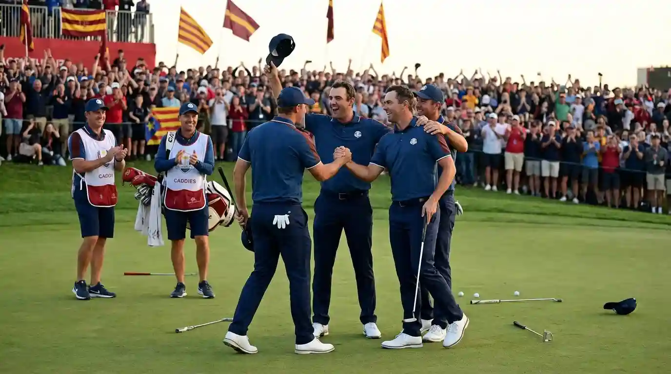 Grupo de golfistas con uniformes de equipo celebrando juntos en el green