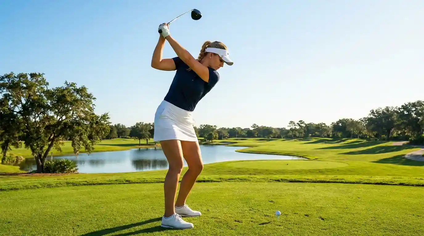 Golfista femenina ejecutando un swing de drive en un campo de campeonato