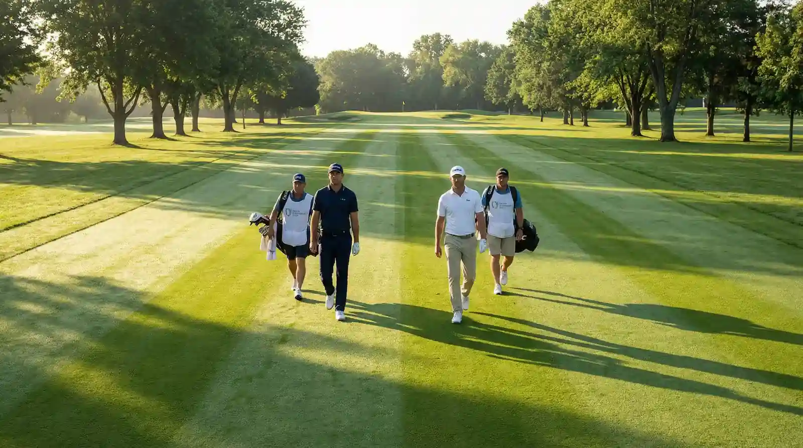 Dos golfistas caminando en paralelo por el fairway en un duelo directo de golf