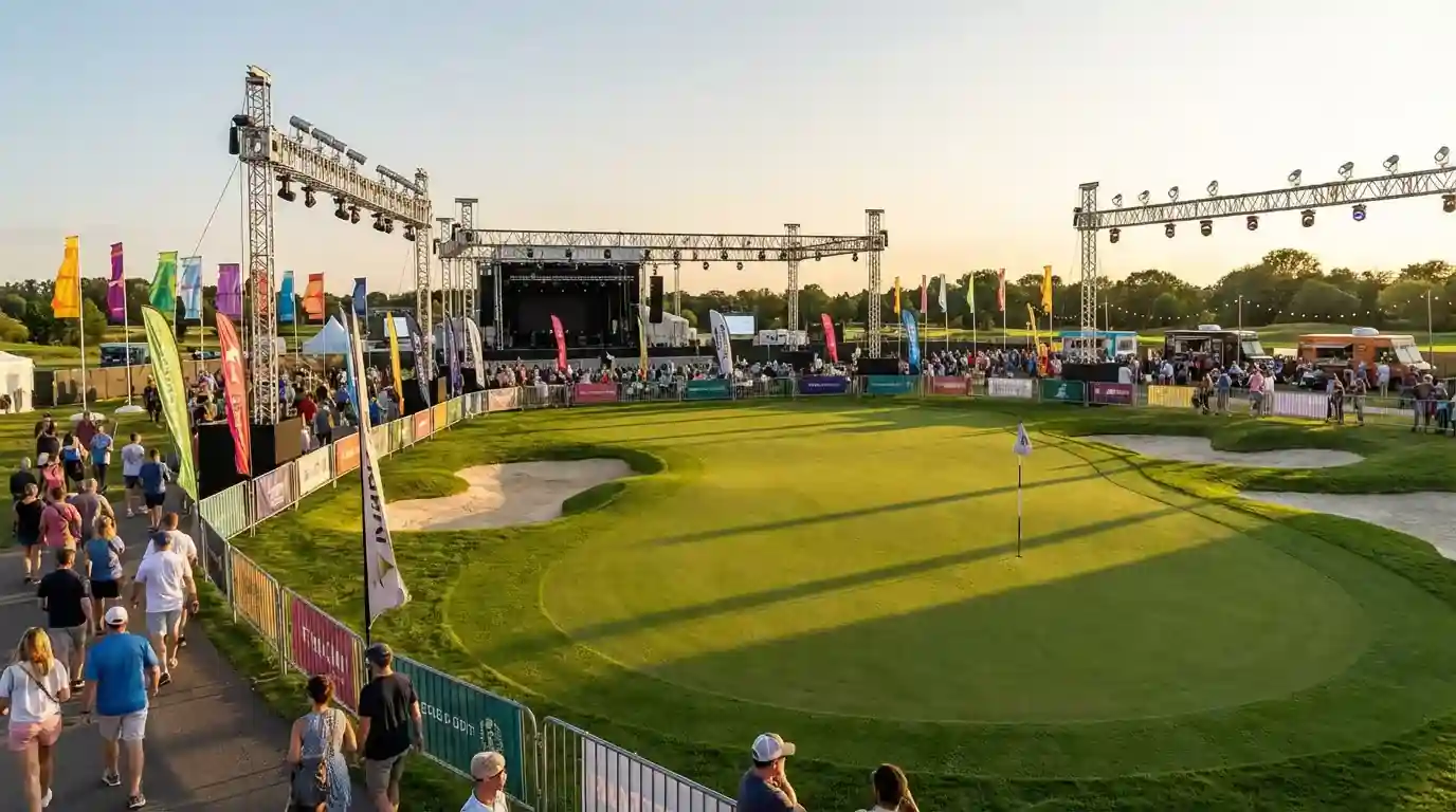 Campo de golf moderno con escenario y música junto al hoyo 18 en un evento LIV Golf