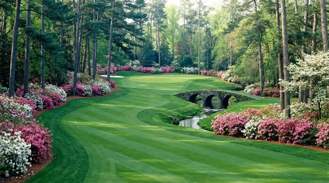 Campo de golf de Augusta National con azaleas en flor y fairway verde intenso