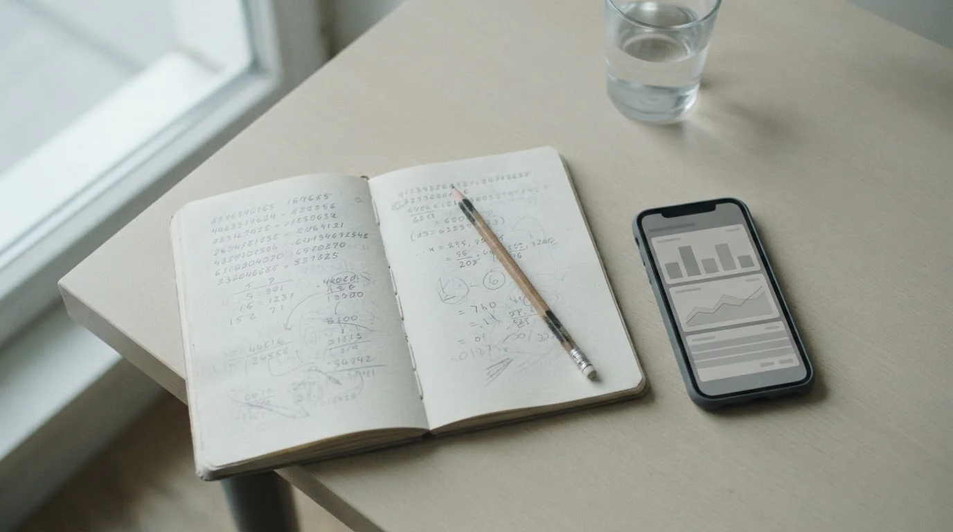 Cuaderno con anotaciones a mano junto a un móvil con pantalla neutra