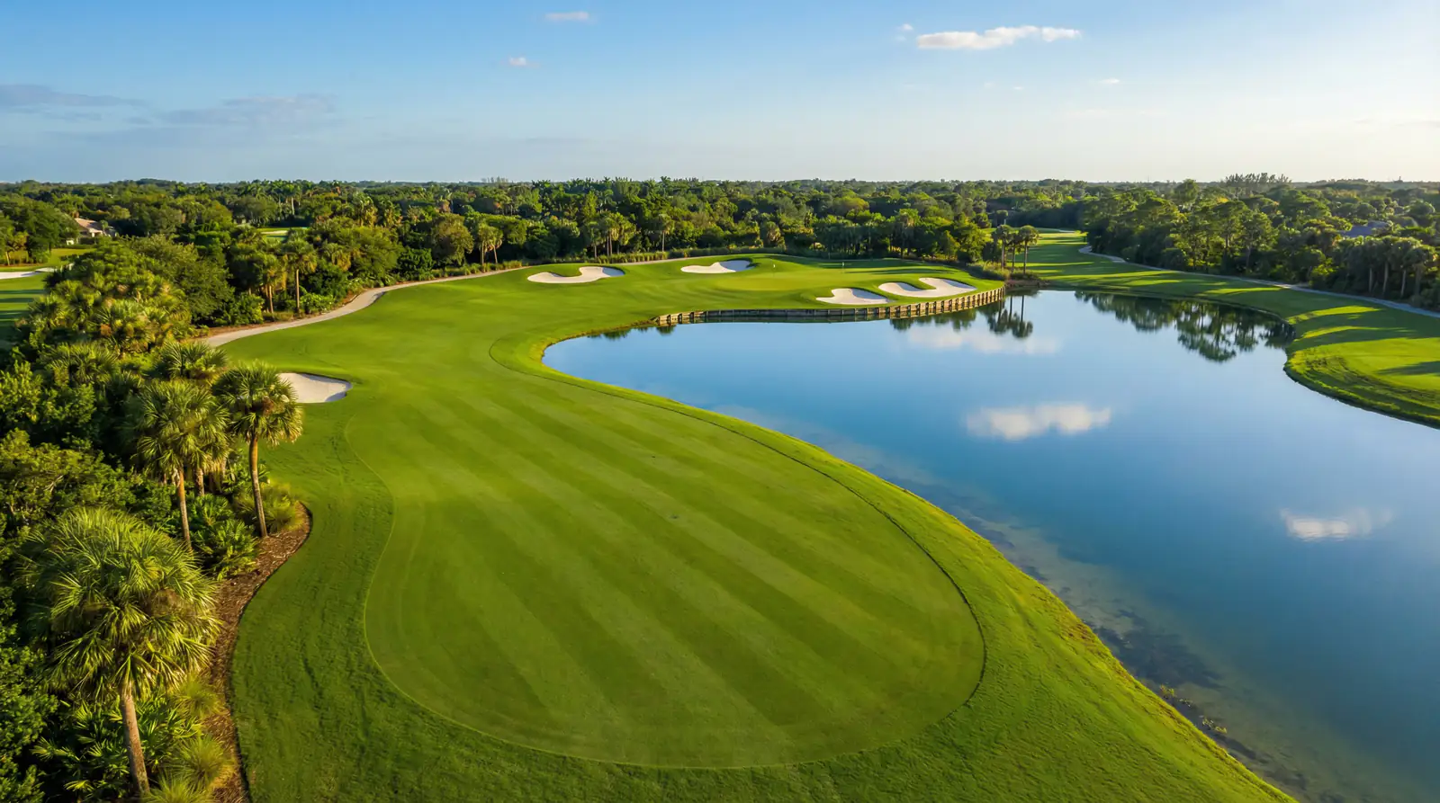 Vista aérea de un hoyo del PGA Tour con fairway verde y lago lateral
