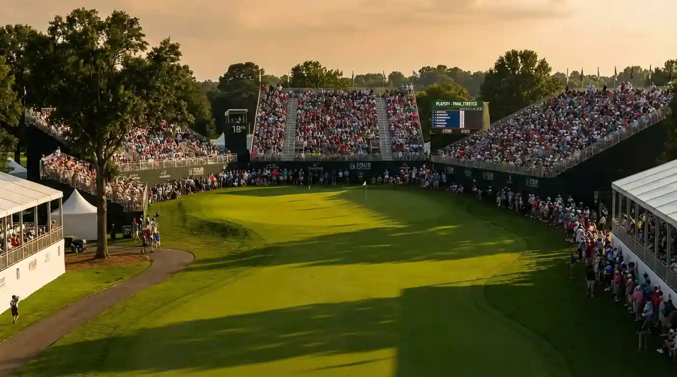 Hoyo 18 de un campo de golf con gradas repletas de público en la final del PGA Tour