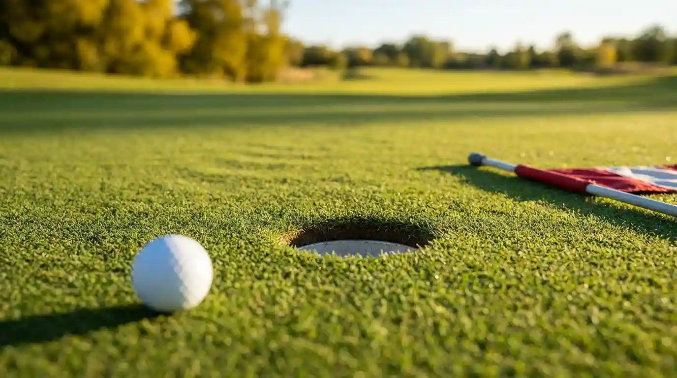 Primer plano de un hoyo de golf con la bandera y la bola cerca del borde