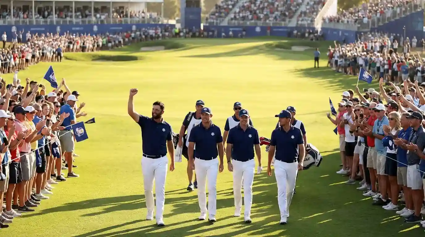 Jugadores de golf celebrando en equipo durante la Ryder Cup con público al fondo