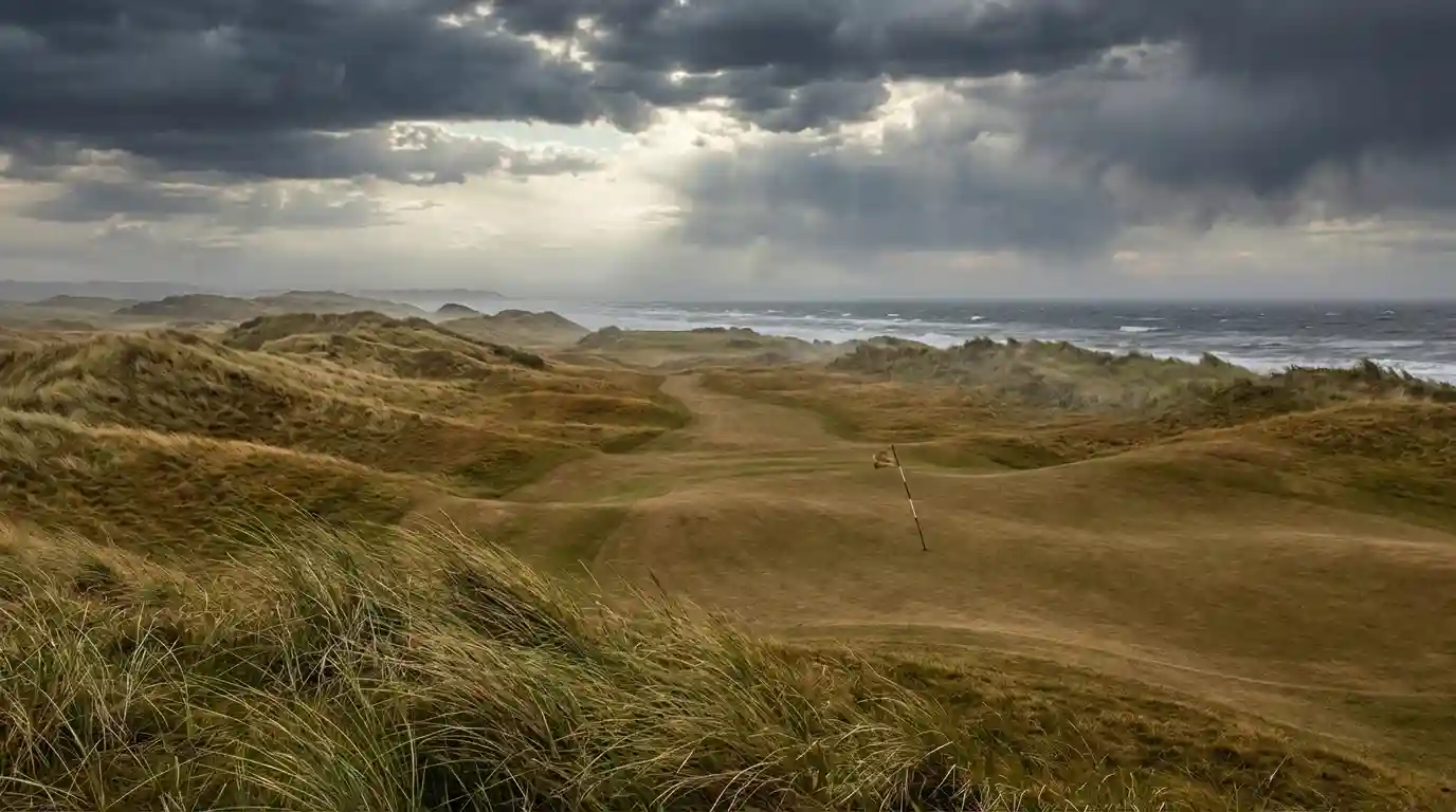 Campo de golf links escocés con dunas, viento y cielo nublado junto al mar