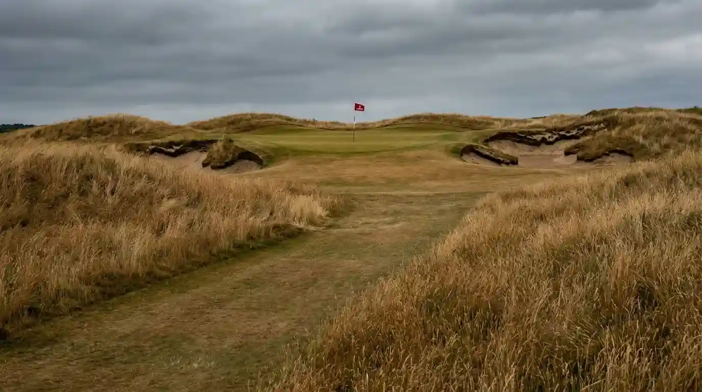 Campo de golf con rough alto y bandera del US Open junto al green