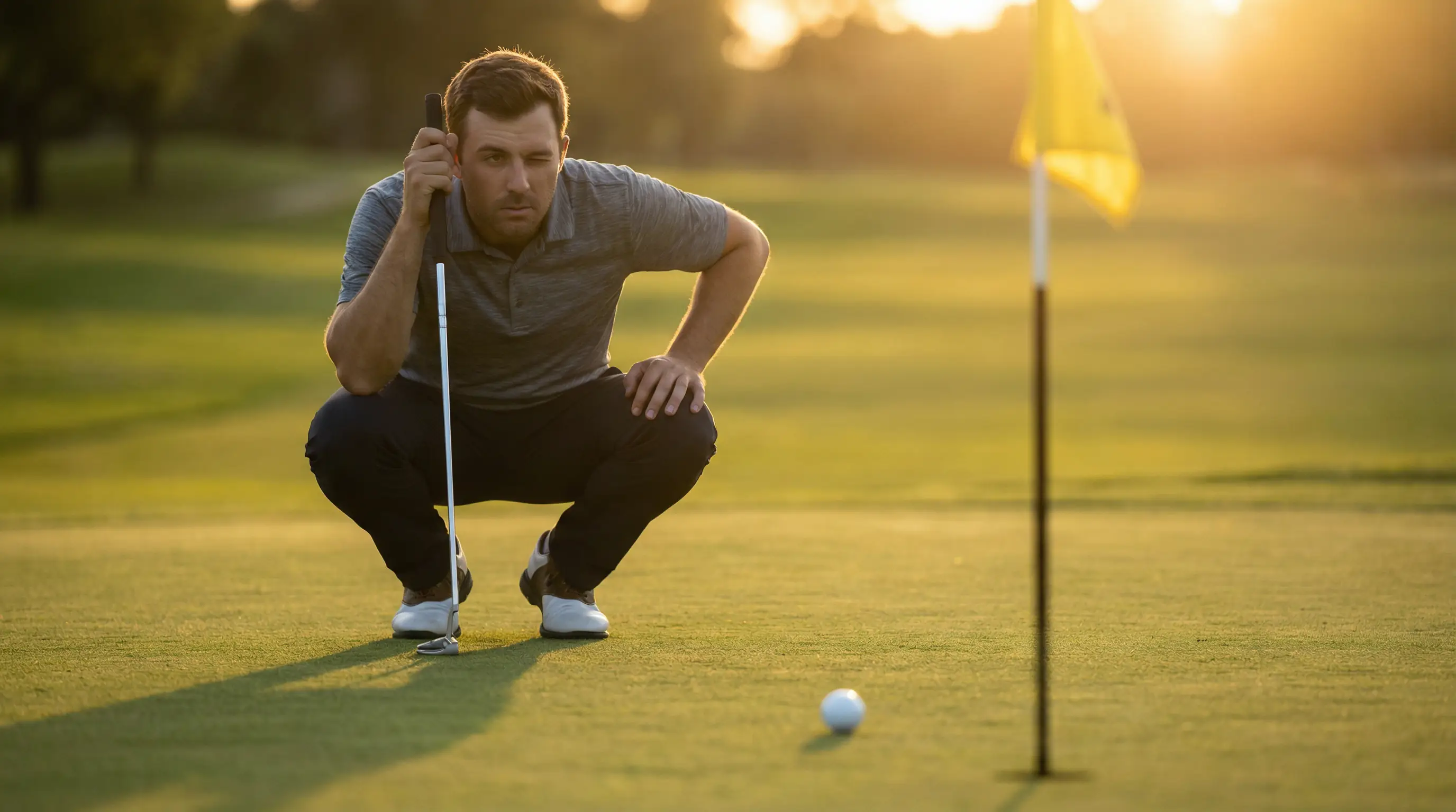 Golfista estudiando la línea de un putt en el green con concentración intensa