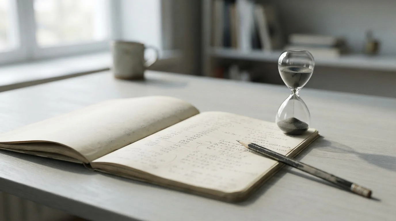 Reloj de arena junto a un cuaderno con cálculos difuminados sobre una mesa clara