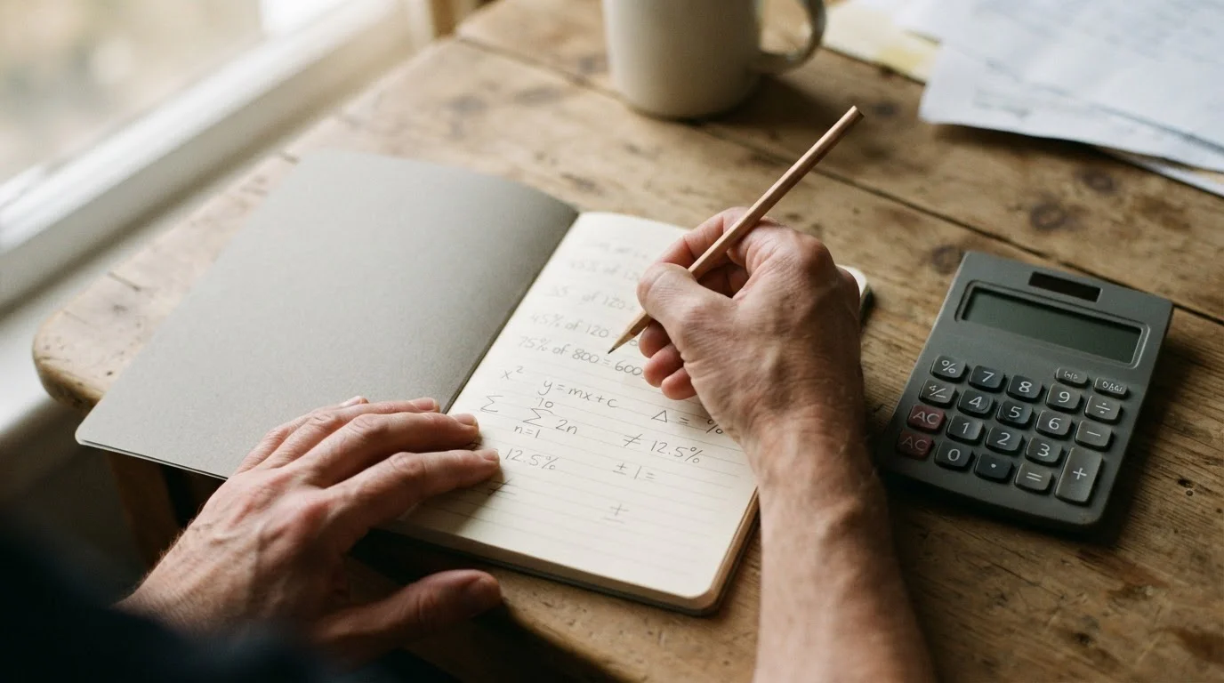 Manos anotando un cálculo a lápiz en una libreta junto a una calculadora