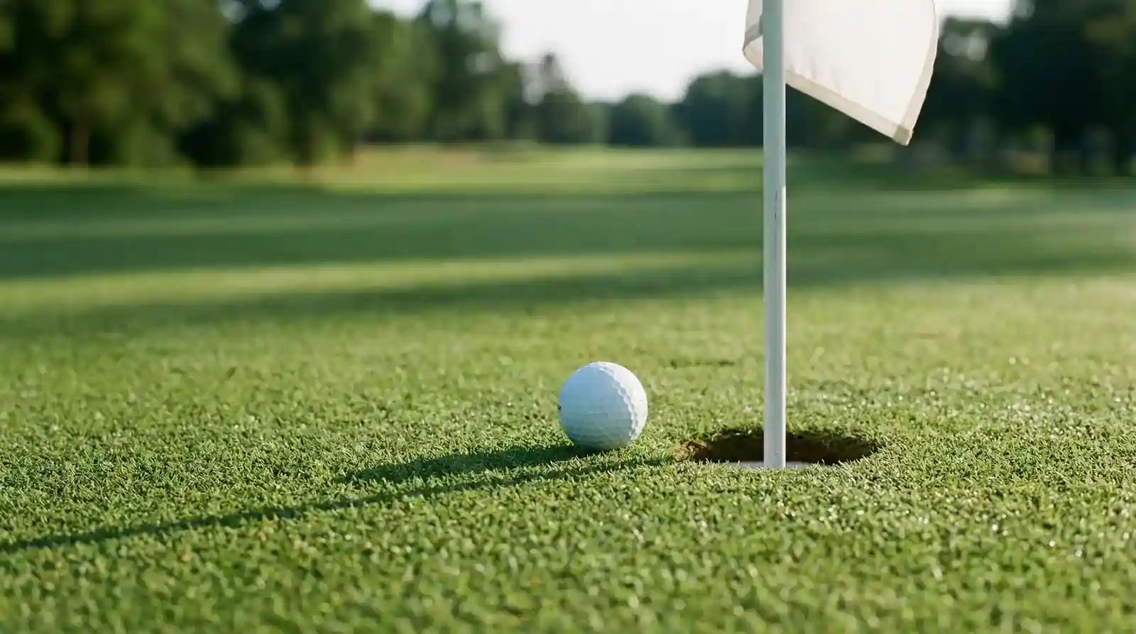 Green de un campo de golf con la bandera del hoyo y la bola cerca del birdie