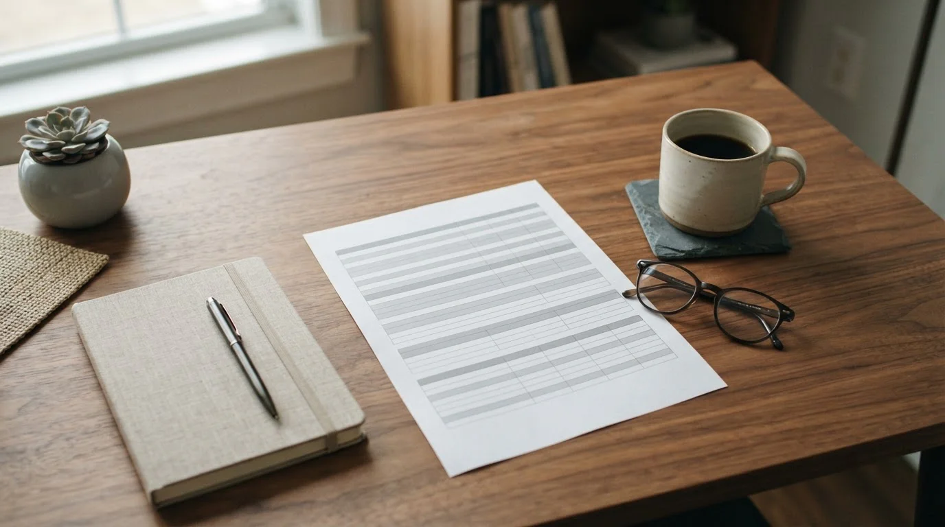 Mesa de trabajo con documentos y calculadora que ilustra el análisis de casas de apuestas en España