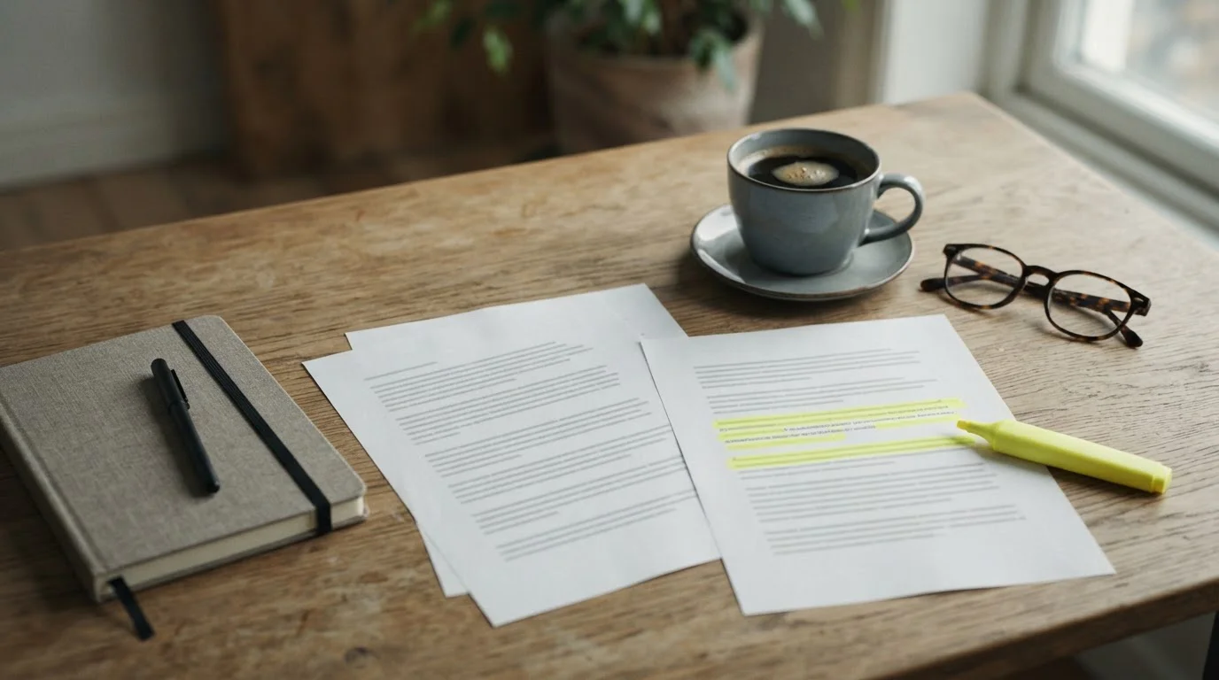 Mesa de análisis con documentos y una taza, revisando condiciones de apuestas sin depósito