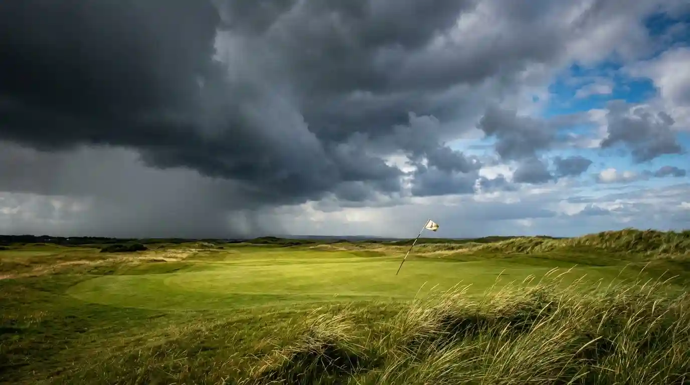Campo de golf bajo cielo tormentoso con banderas agitadas por el viento