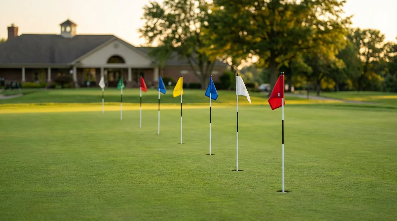 Varias banderas de hoyo en un campo de golf alineadas con distintos números