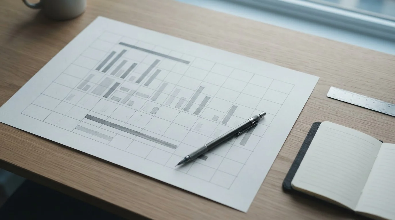 Tabla comparativa abstracta con filas y columnas neutras sobre un escritorio