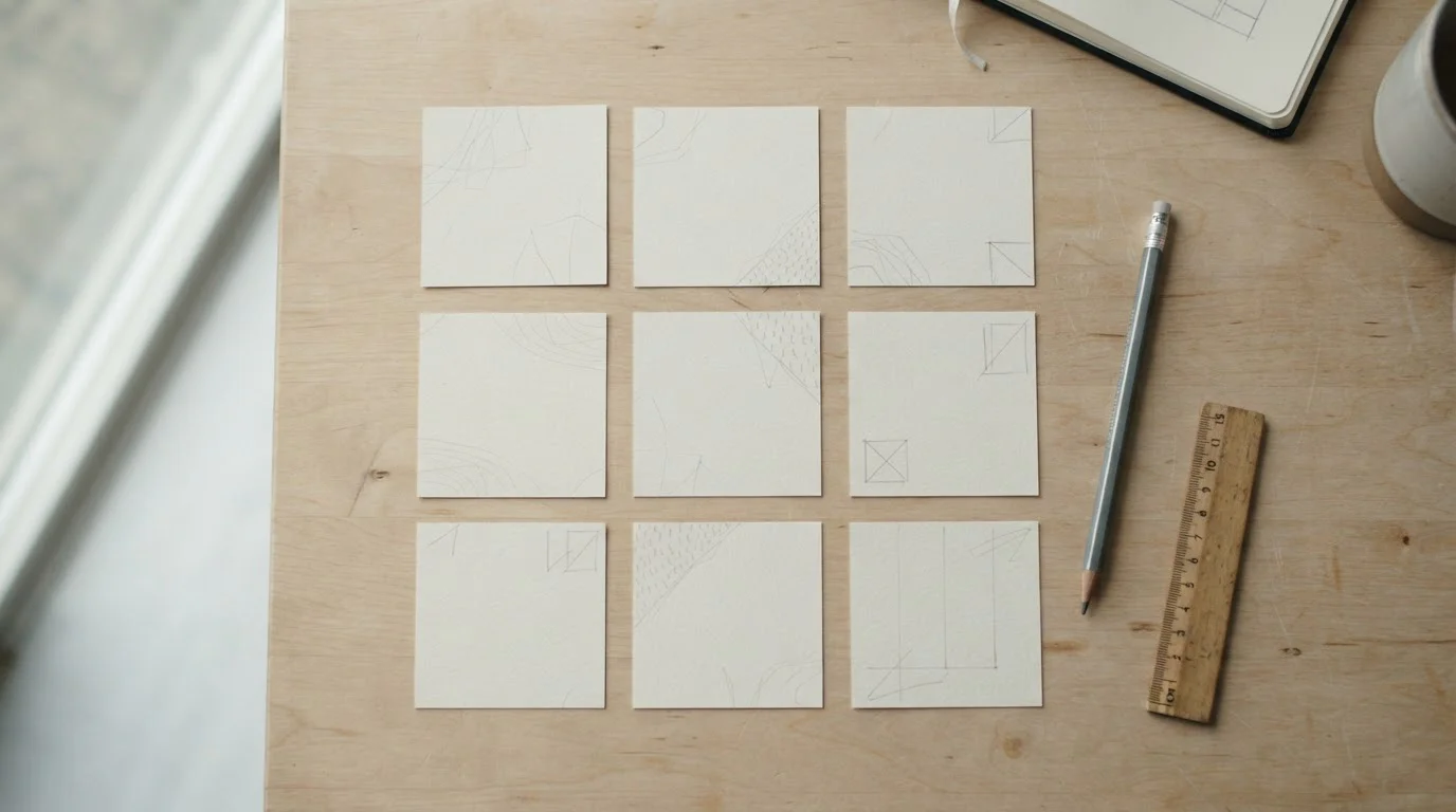 Mesa con varias tarjetas de papel dispuestas en cuadrícula que sugieren una comparativa