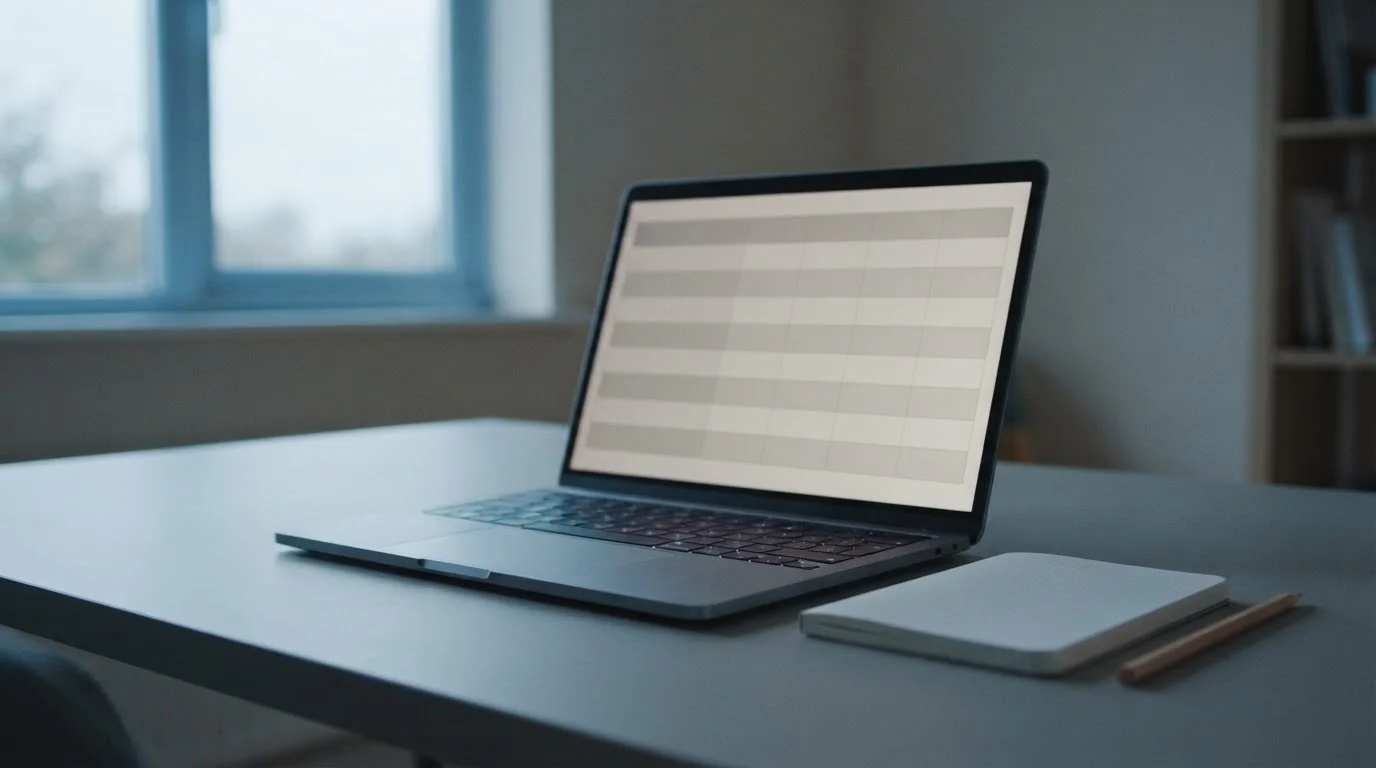 Pantalla de portátil con una tabla comparativa neutra sobre una mesa de trabajo