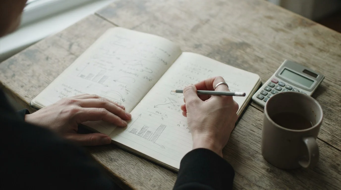 Manos anotando cálculos en un cuaderno junto a una calculadora sobre una mesa clara
