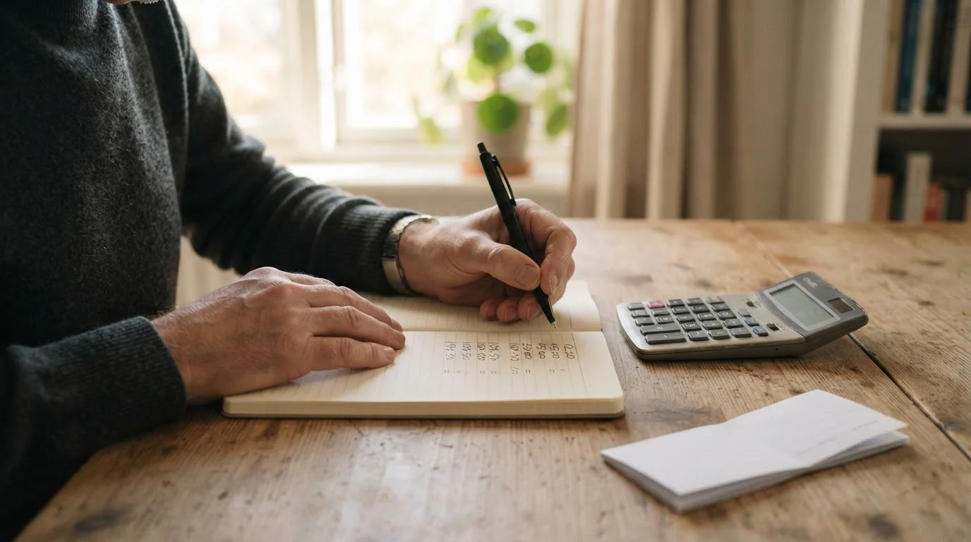Manos anotando cifras en una libreta junto a una calculadora sencilla