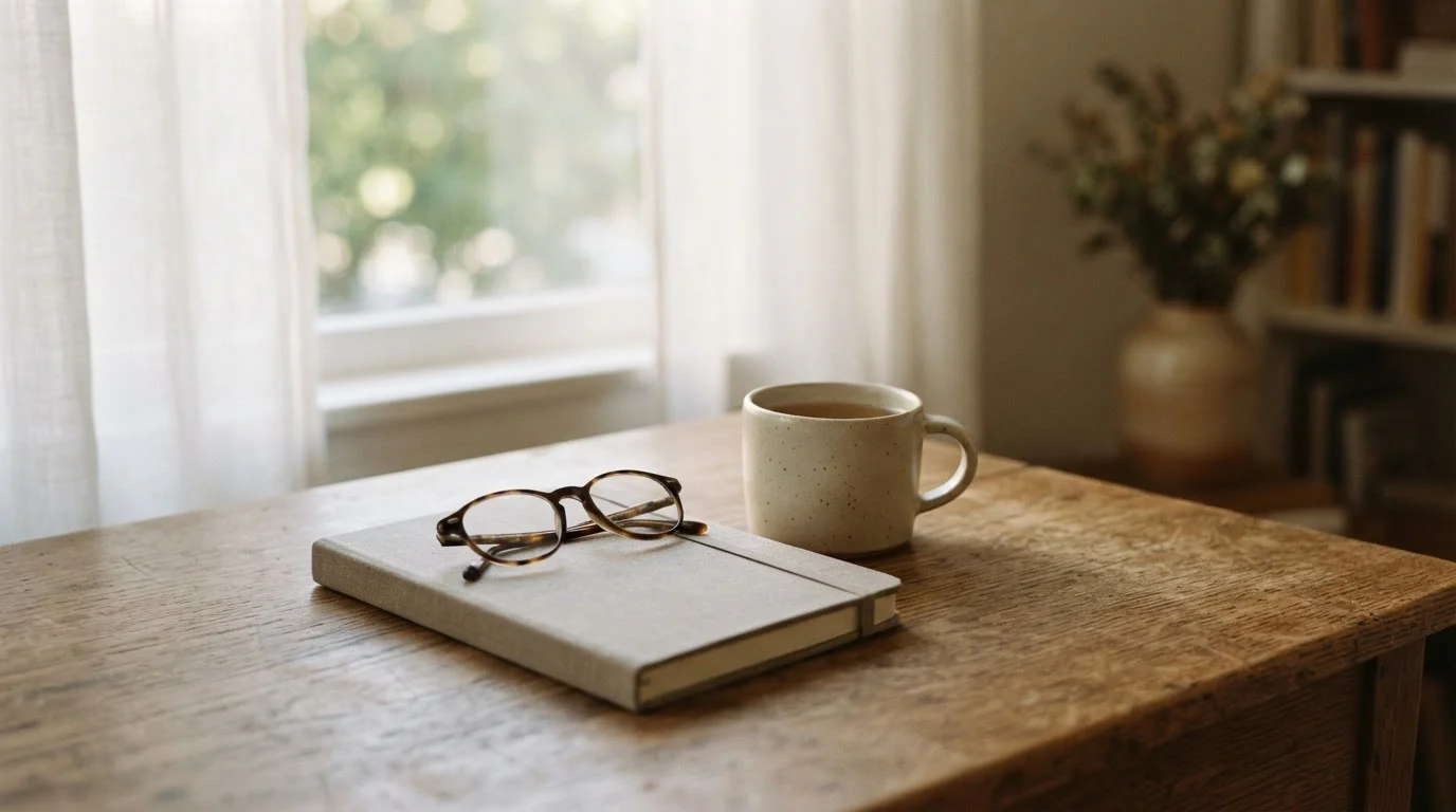 Cuaderno cerrado y taza junto a una ventana con luz suave