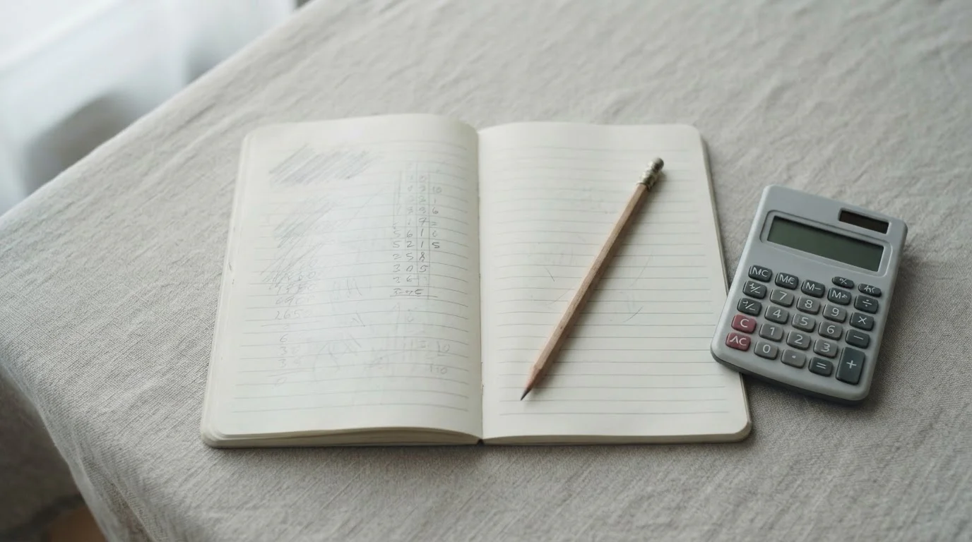 Cuaderno con anotaciones a lápiz y una calculadora sencilla sobre mesa clara