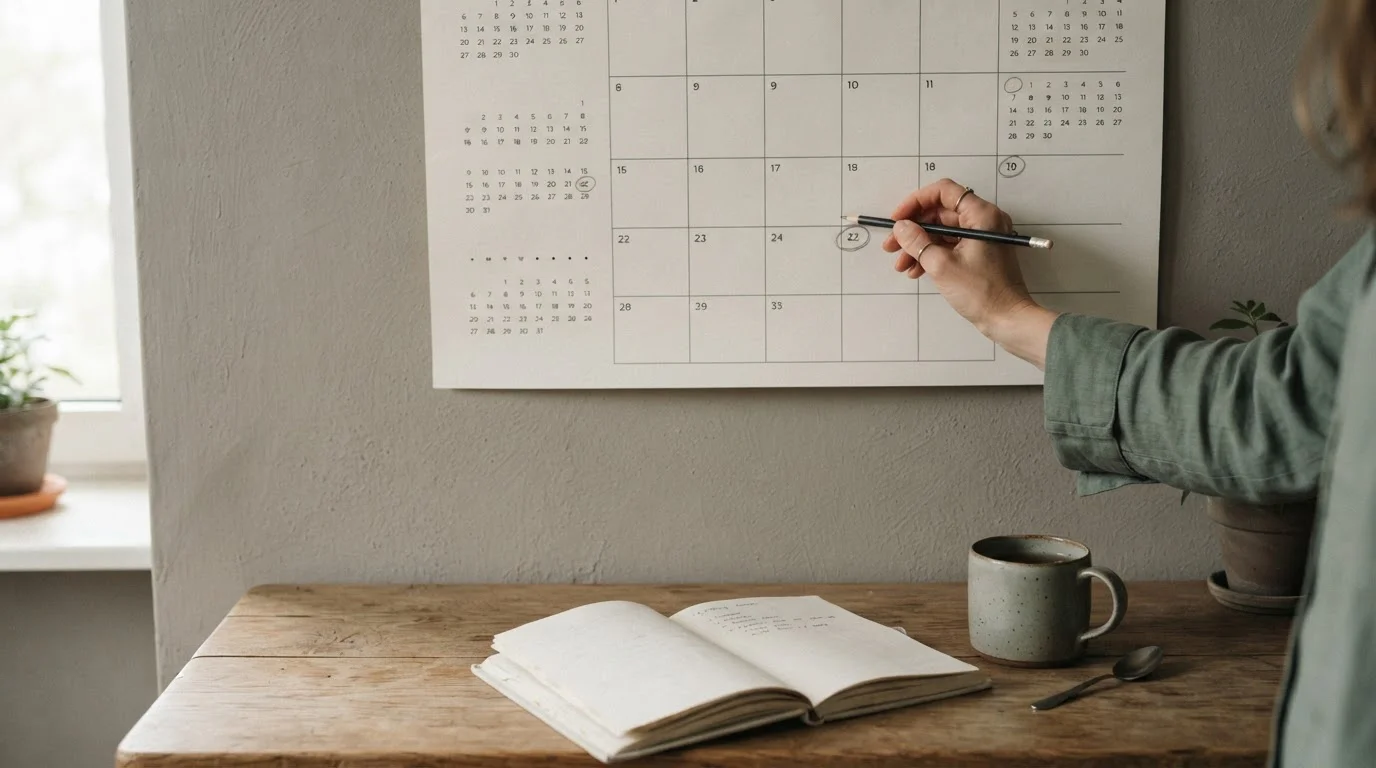 Calendario de pared con marcas en fechas lejanas junto a un cuaderno de anotaciones
