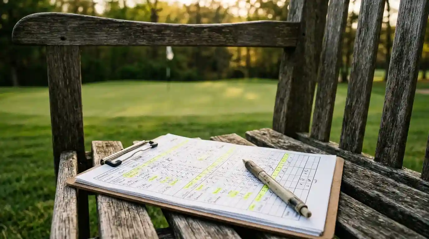 Documento con anotaciones de estadísticas de golf junto a un green desenfocado al fondo