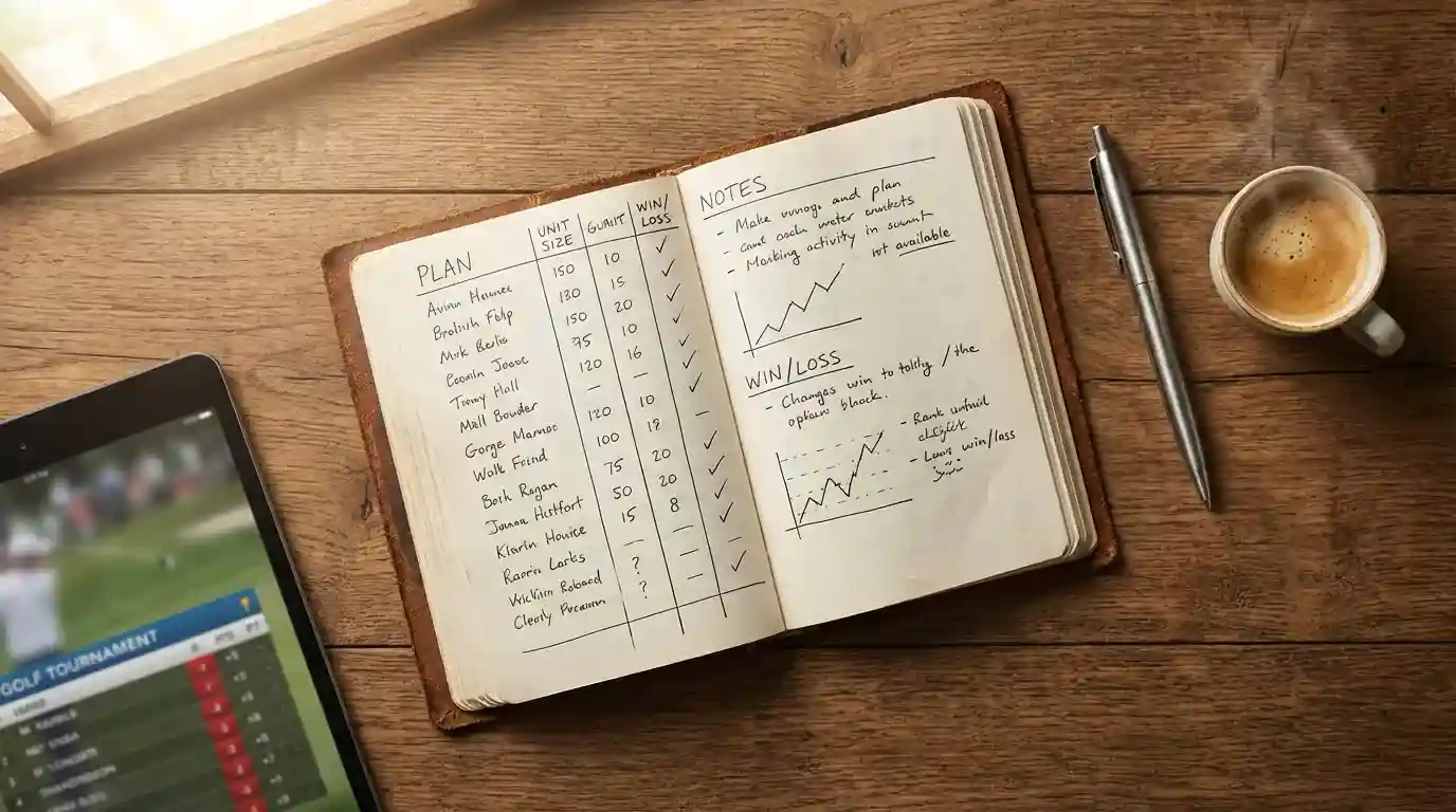 Bloc de notas con plan de apuestas de golf junto a un bolígrafo sobre mesa de madera