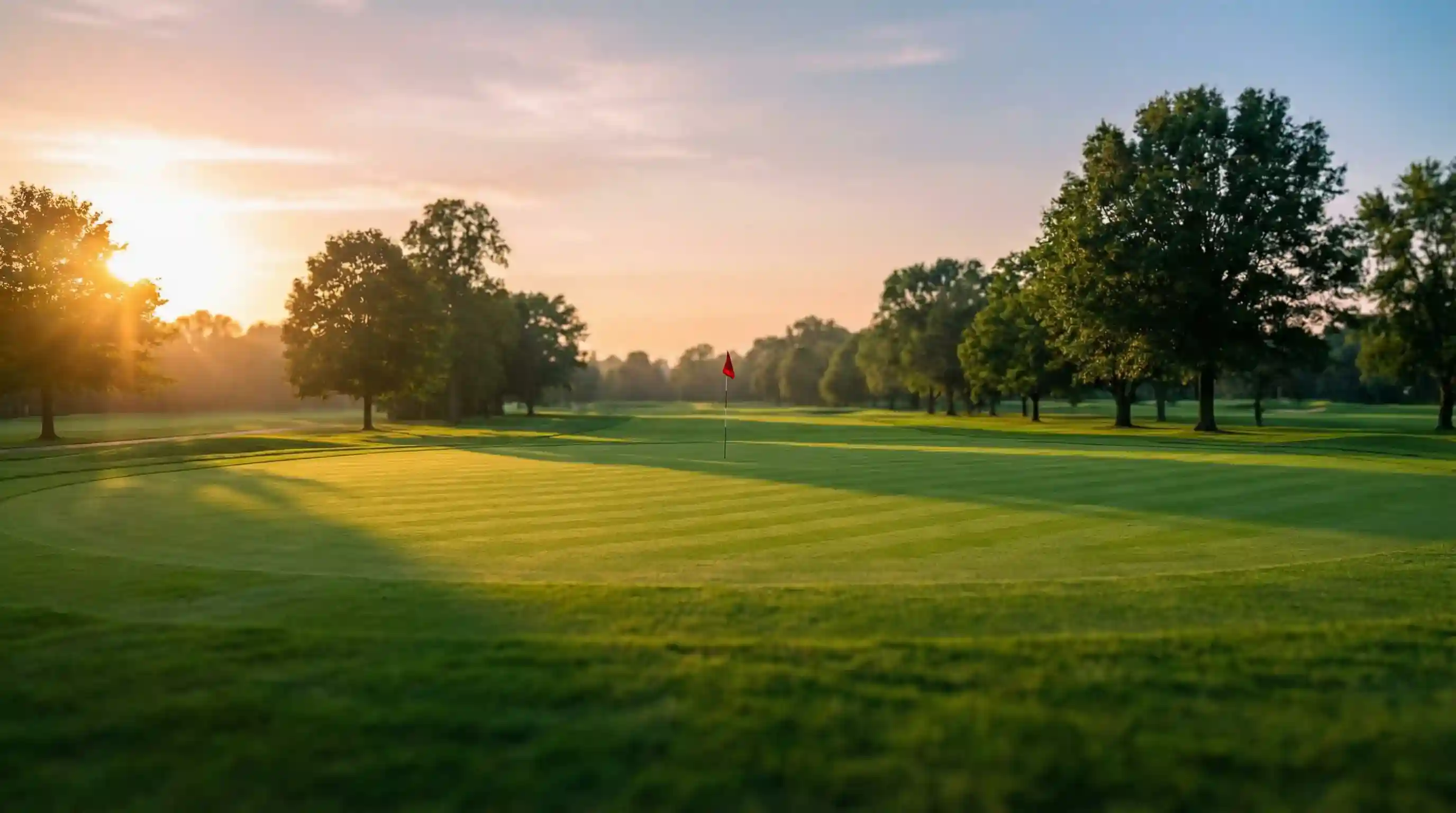 Campo de golf profesional con fairway verde y bandera en el green durante un torneo
