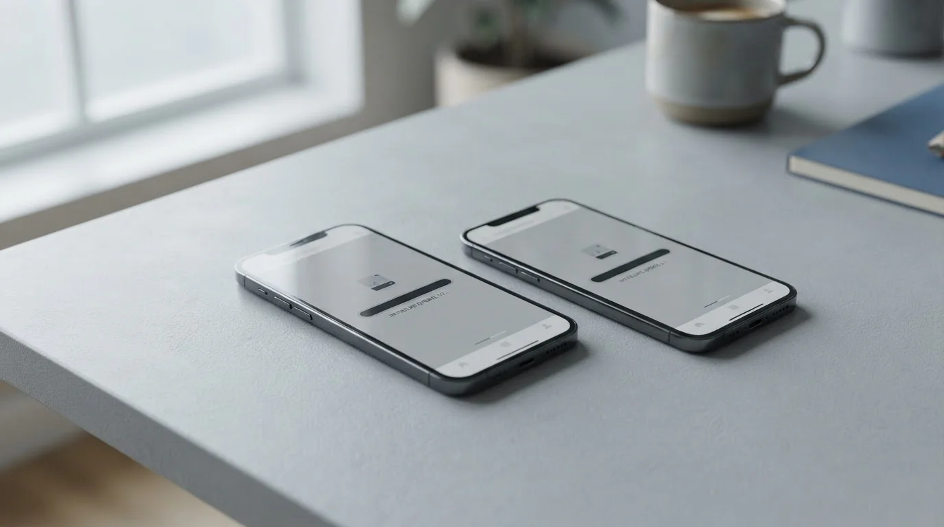 Dos smartphones sobre un escritorio mostrando pantallas de instalación neutras