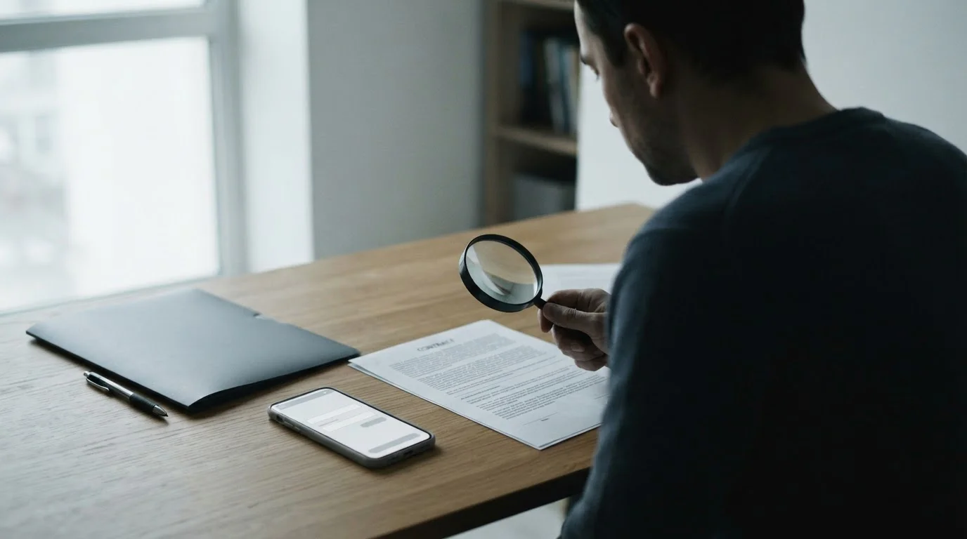 Persona leyendo un documento impreso con lupa junto a un teléfono móvil sobre una mesa