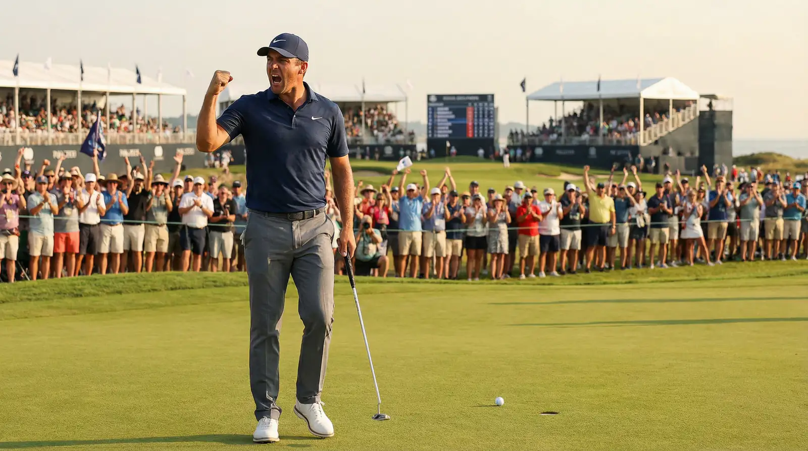 Golfista celebrando un birdie con el puño en alto en un campo de campeonato