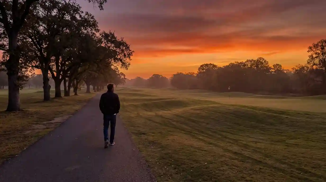 Persona caminando tranquilamente por un sendero junto a un campo de golf al atardecer