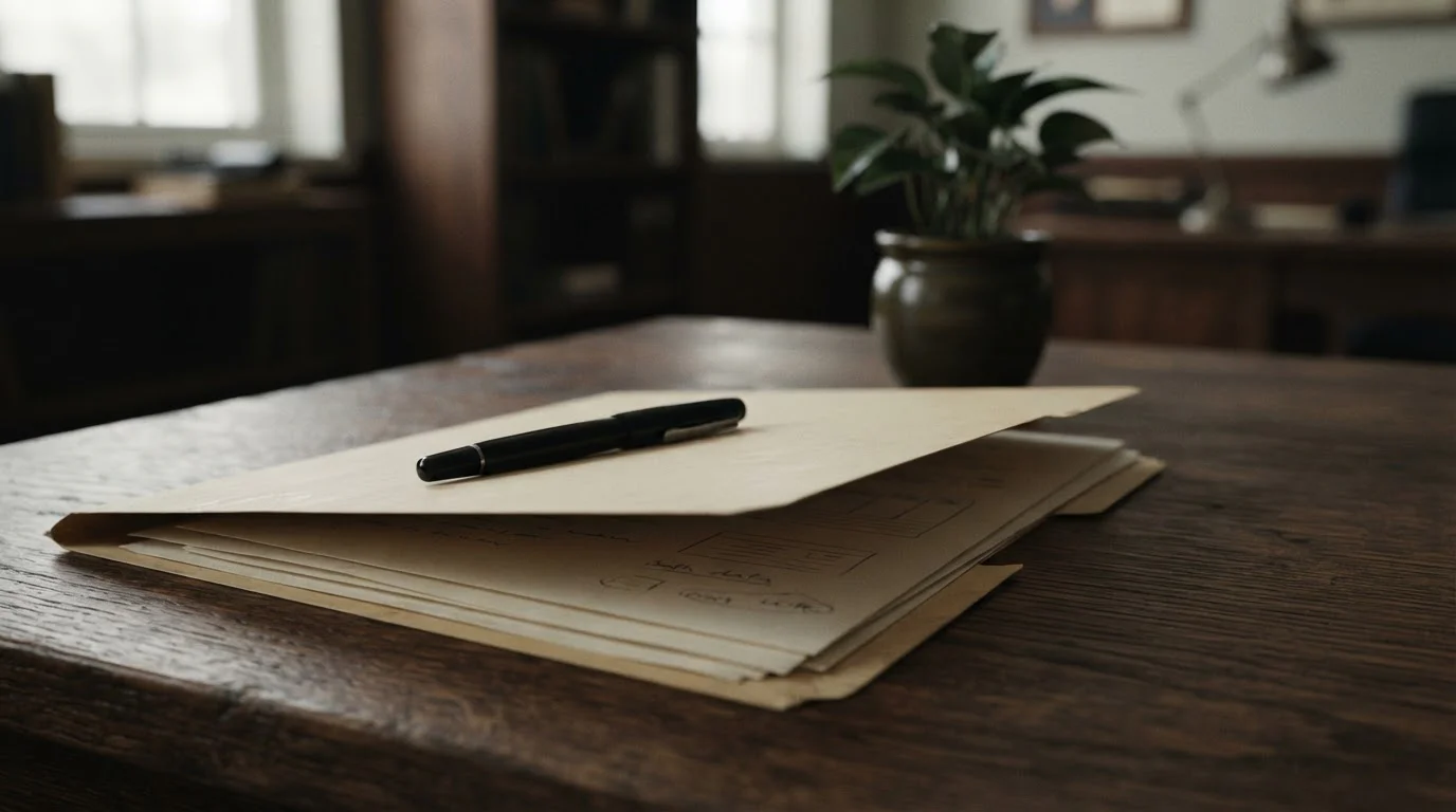 Carpeta con documentos y bolígrafo sobre un escritorio sobrio