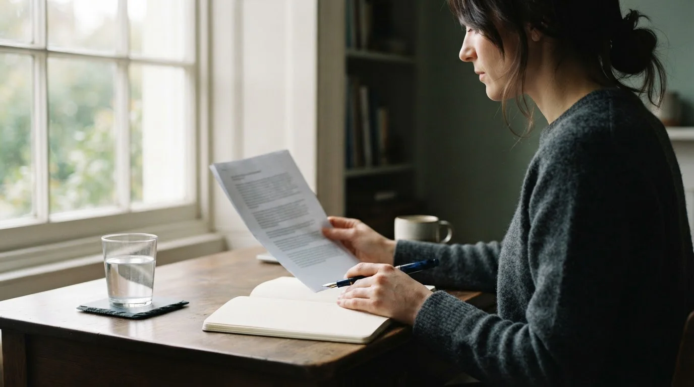 Manos leyendo un documento legal impreso junto a un cuaderno de notas