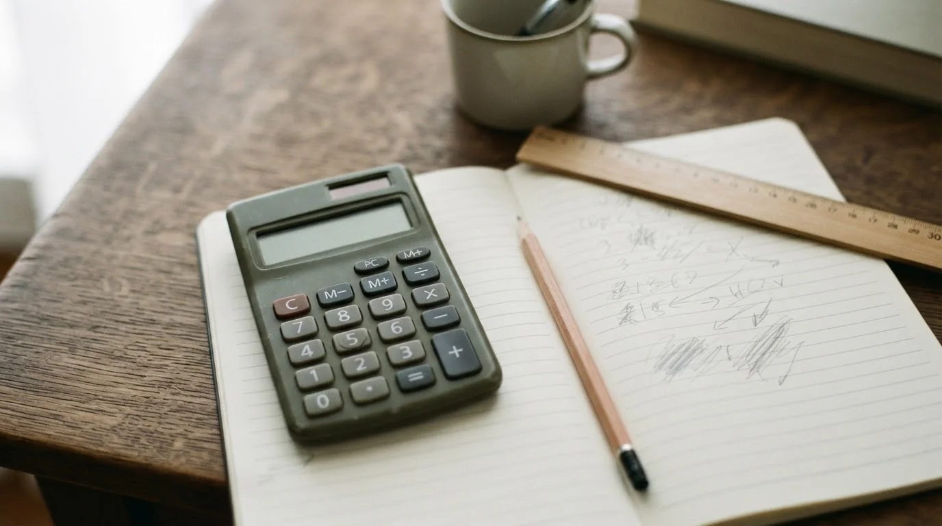 Calculadora y cuaderno con anotaciones abstractas sobre un escritorio, evocando un cálculo sobrio