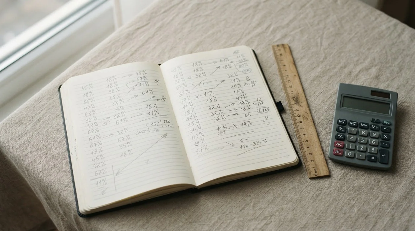 Cuaderno con cálculos manuscritos y una regla junto a una calculadora